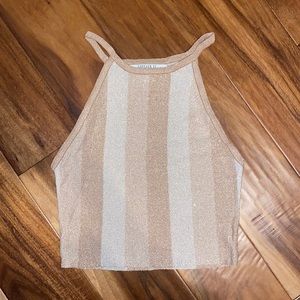 Sparkly shimmer metallic tan stripped knit halter neck crop top